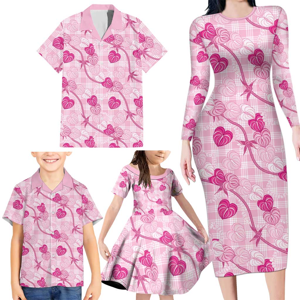 Anthurium Pikake Ti Leaf Palaka Family Matching Long Sleeve Bodycon Dress and Hawaiian Shirt Pink Version LT01 - Polynesian Pride
