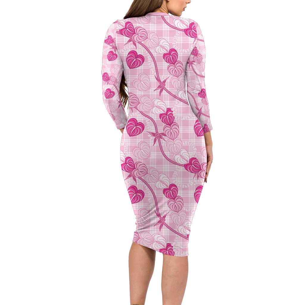 Anthurium Pikake Ti Leaf Palaka Family Matching Long Sleeve Bodycon Dress and Hawaiian Shirt Pink Version LT01 - Polynesian Pride