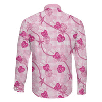 Anthurium Pikake Ti Leaf Palaka Family Matching Off The Shoulder Long Sleeve Dress and Hawaiian Shirt Pink Version LT01 - Polynesian Pride