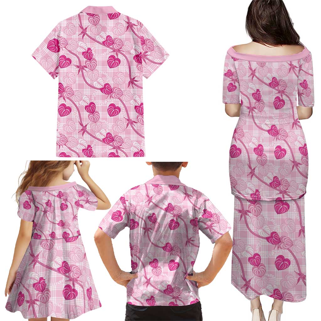Anthurium Pikake Ti Leaf Palaka Family Matching Puletasi and Hawaiian Shirt Pink Version