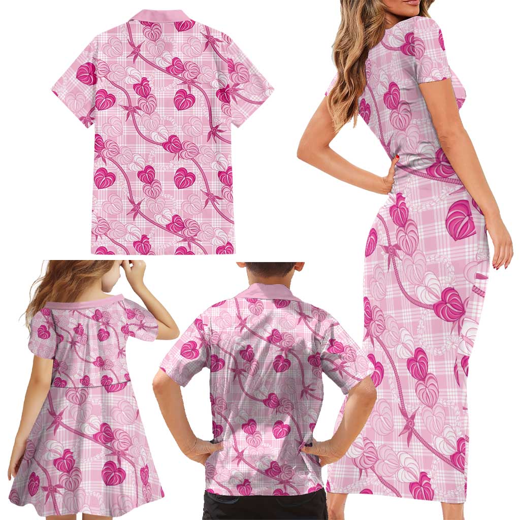Anthurium Pikake Ti Leaf Palaka Family Matching Short Sleeve Bodycon Dress and Hawaiian Shirt Pink Version LT01 - Polynesian Pride