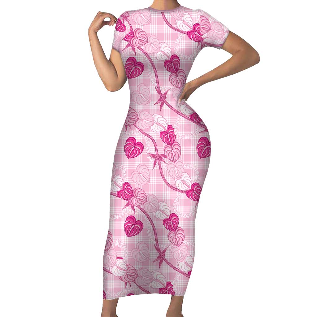 Anthurium Pikake Ti Leaf Palaka Family Matching Short Sleeve Bodycon Dress and Hawaiian Shirt Pink Version LT01 Mom's Dress Pink - Polynesian Pride