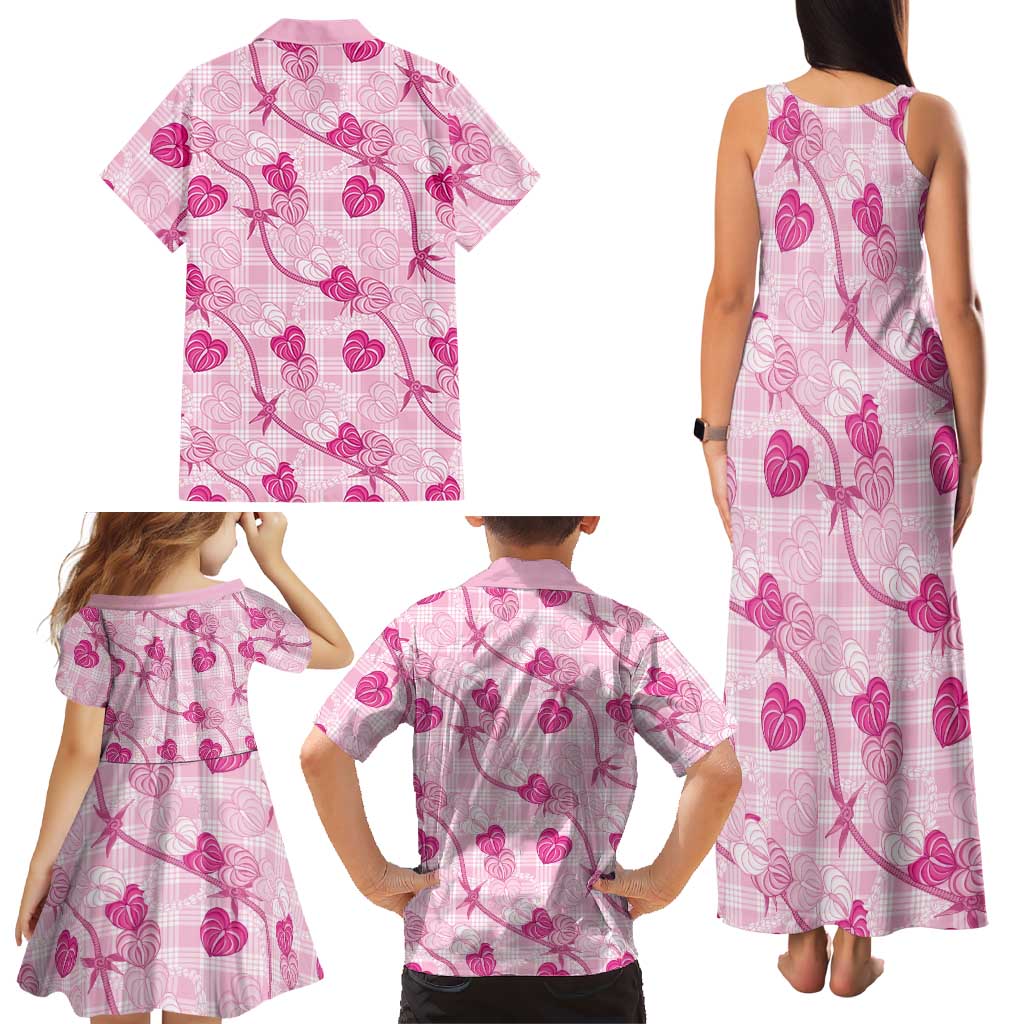 Anthurium Pikake Ti Leaf Palaka Family Matching Tank Maxi Dress and Hawaiian Shirt Pink Version LT01 - Polynesian Pride