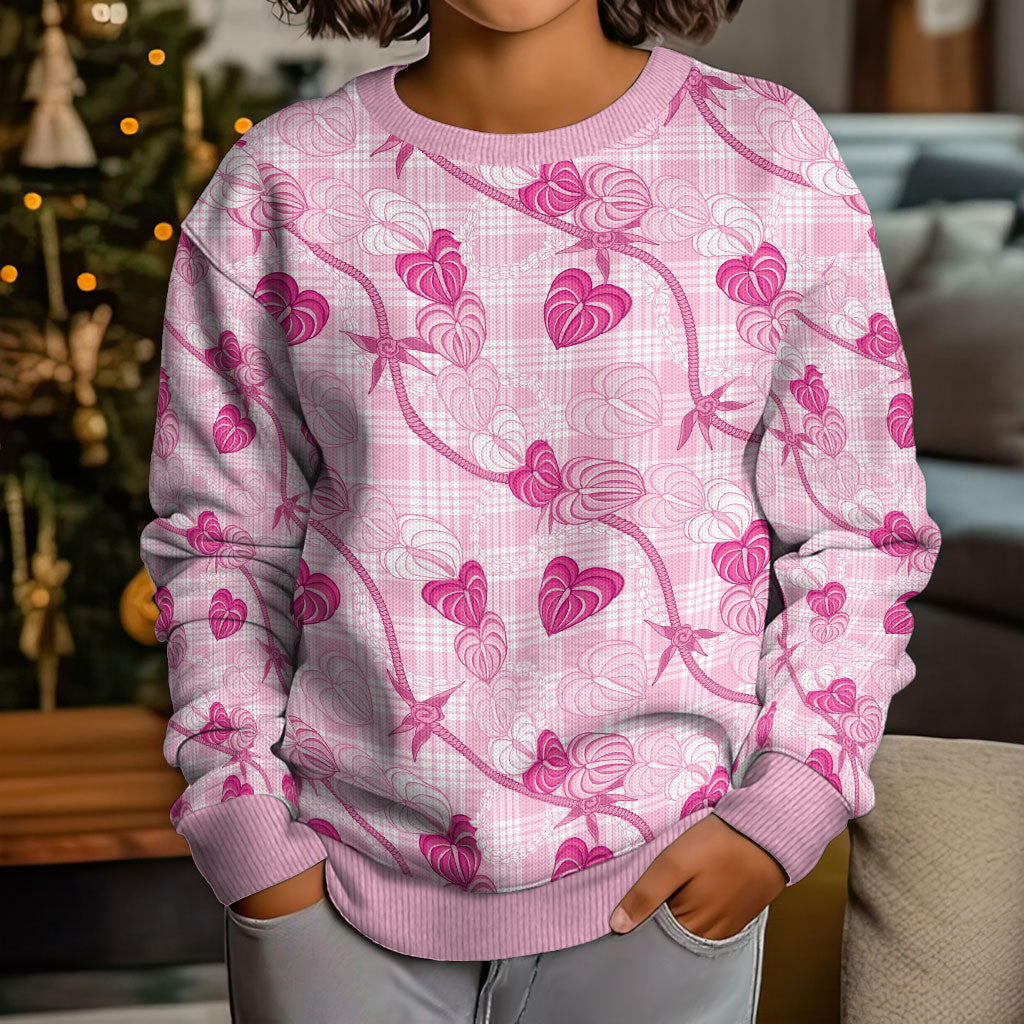 Anthurium Pikake Ti Leaf Palaka Kid Ugly Christmas Sweater Pink Version LT01 - Polynesian Pride