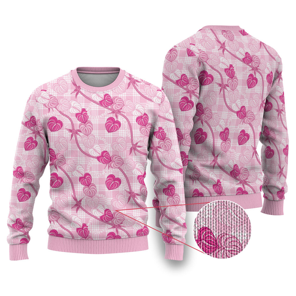 Anthurium Pikake Ti Leaf Palaka Ugly Christmas Sweater Pink Version LT01 Pink - Polynesian Pride