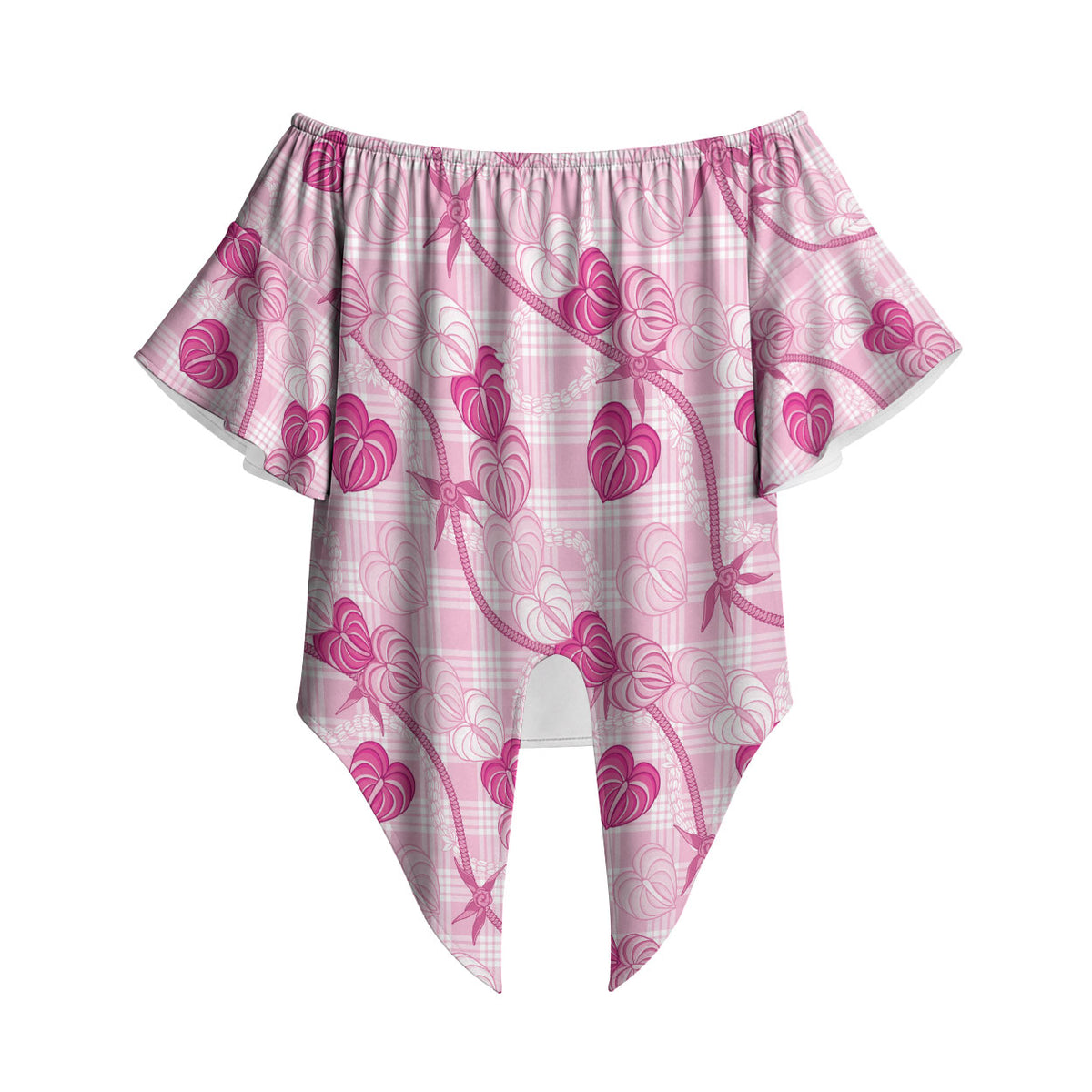 Anthurium Pikake Ti Leaf Palaka Off Shoulder Wrap Waist Top Pink Version LT01 Pink - Polynesian Pride