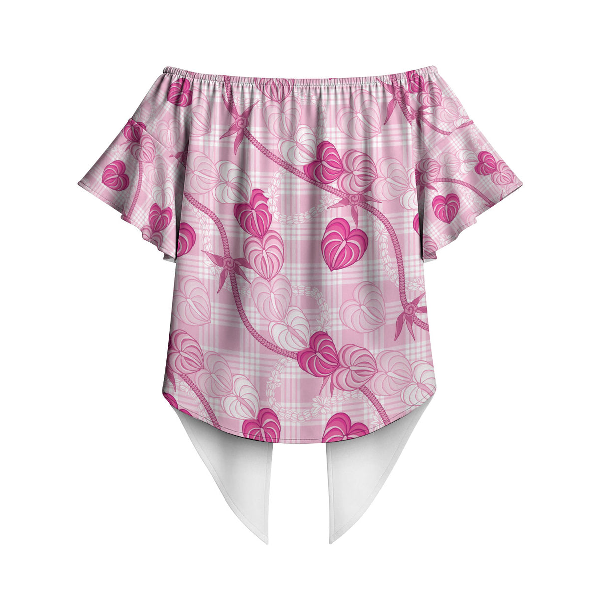 Anthurium Pikake Ti Leaf Palaka Off Shoulder Wrap Waist Top Pink Version LT01 - Polynesian Pride