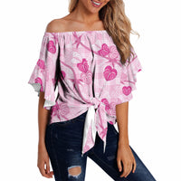 Anthurium Pikake Ti Leaf Palaka Off Shoulder Wrap Waist Top Pink Version LT01 - Polynesian Pride