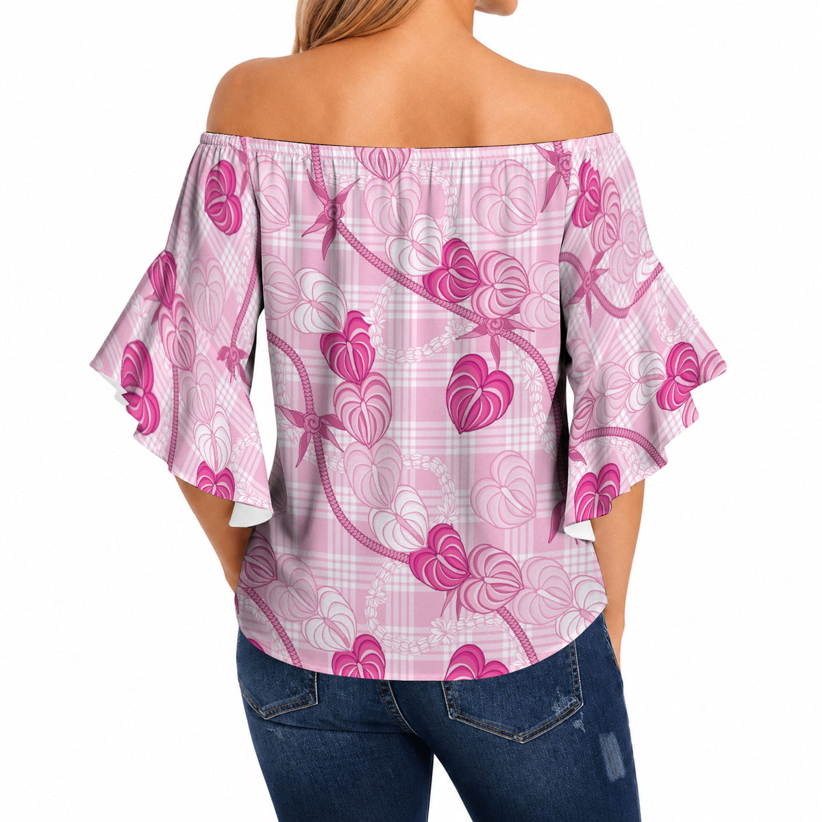 Anthurium Pikake Ti Leaf Palaka Off Shoulder Wrap Waist Top Pink Version LT01 - Polynesian Pride