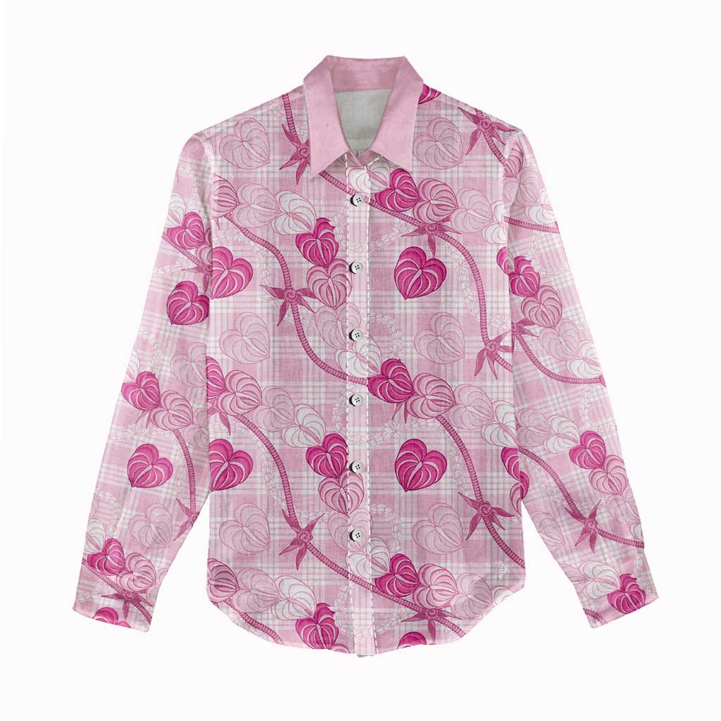 Anthurium Pikake Ti Leaf Palaka Women Casual Shirt Pink Version LT01 - Polynesian Pride