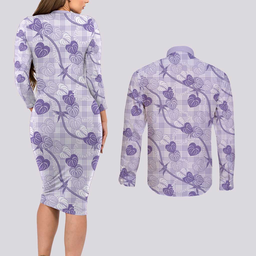 Anthurium Pikake Ti Leaf Palaka Couples Matching Long Sleeve Bodycon Dress and Long Sleeve Button Shirt Purple Version LT01 - Polynesian Pride