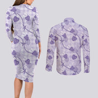 Anthurium Pikake Ti Leaf Palaka Couples Matching Long Sleeve Bodycon Dress and Long Sleeve Button Shirt Purple Version LT01 - Polynesian Pride
