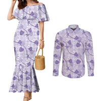 Anthurium Pikake Ti Leaf Palaka Couples Matching Mermaid Dress and Long Sleeve Button Shirt Purple Version