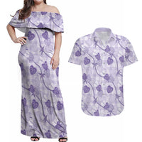 Anthurium Pikake Ti Leaf Palaka Couples Matching Off Shoulder Maxi Dress and Hawaiian Shirt Purple Version LT01 Purple - Polynesian Pride