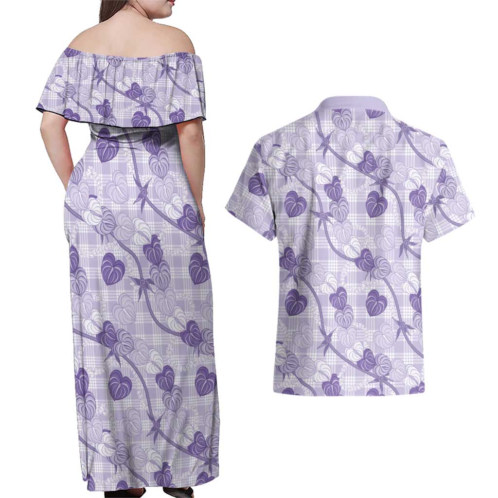 Anthurium Pikake Ti Leaf Palaka Couples Matching Off Shoulder Maxi Dress and Hawaiian Shirt Purple Version LT01 - Polynesian Pride