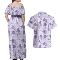 Anthurium Pikake Ti Leaf Palaka Couples Matching Off Shoulder Maxi Dress and Hawaiian Shirt Purple Version LT01 - Polynesian Pride