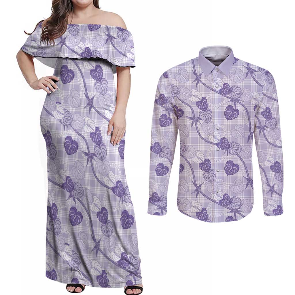 Anthurium Pikake Ti Leaf Palaka Couples Matching Off Shoulder Maxi Dress and Long Sleeve Button Shirt Purple Version LT01 Purple - Polynesian Pride