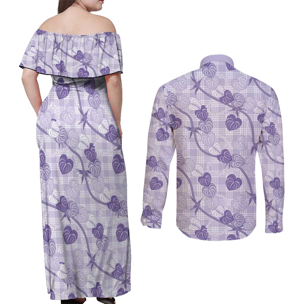 Anthurium Pikake Ti Leaf Palaka Couples Matching Off Shoulder Maxi Dress and Long Sleeve Button Shirt Purple Version LT01 - Polynesian Pride