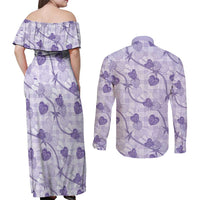 Anthurium Pikake Ti Leaf Palaka Couples Matching Off Shoulder Maxi Dress and Long Sleeve Button Shirt Purple Version LT01 - Polynesian Pride