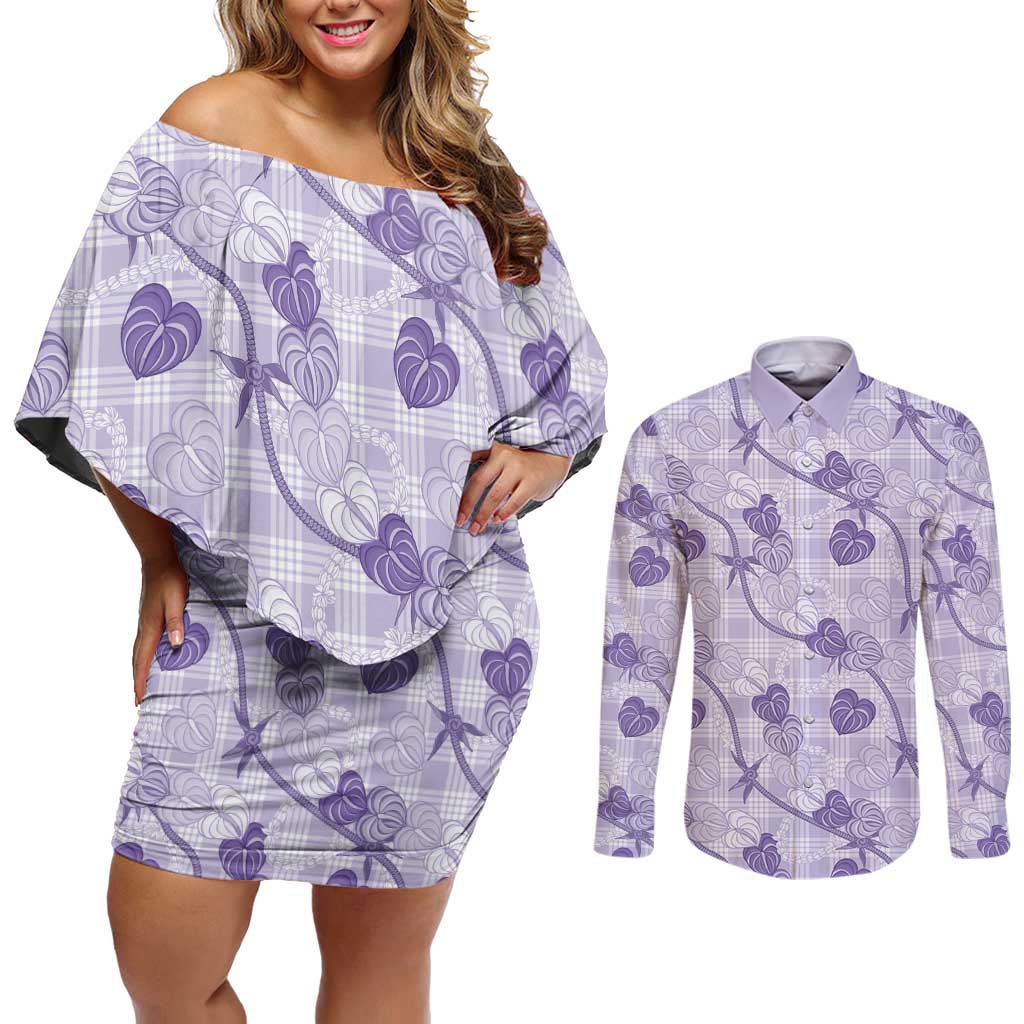 Anthurium Pikake Ti Leaf Palaka Couples Matching Off Shoulder Short Dress and Long Sleeve Button Shirt Purple Version LT01 Purple - Polynesian Pride