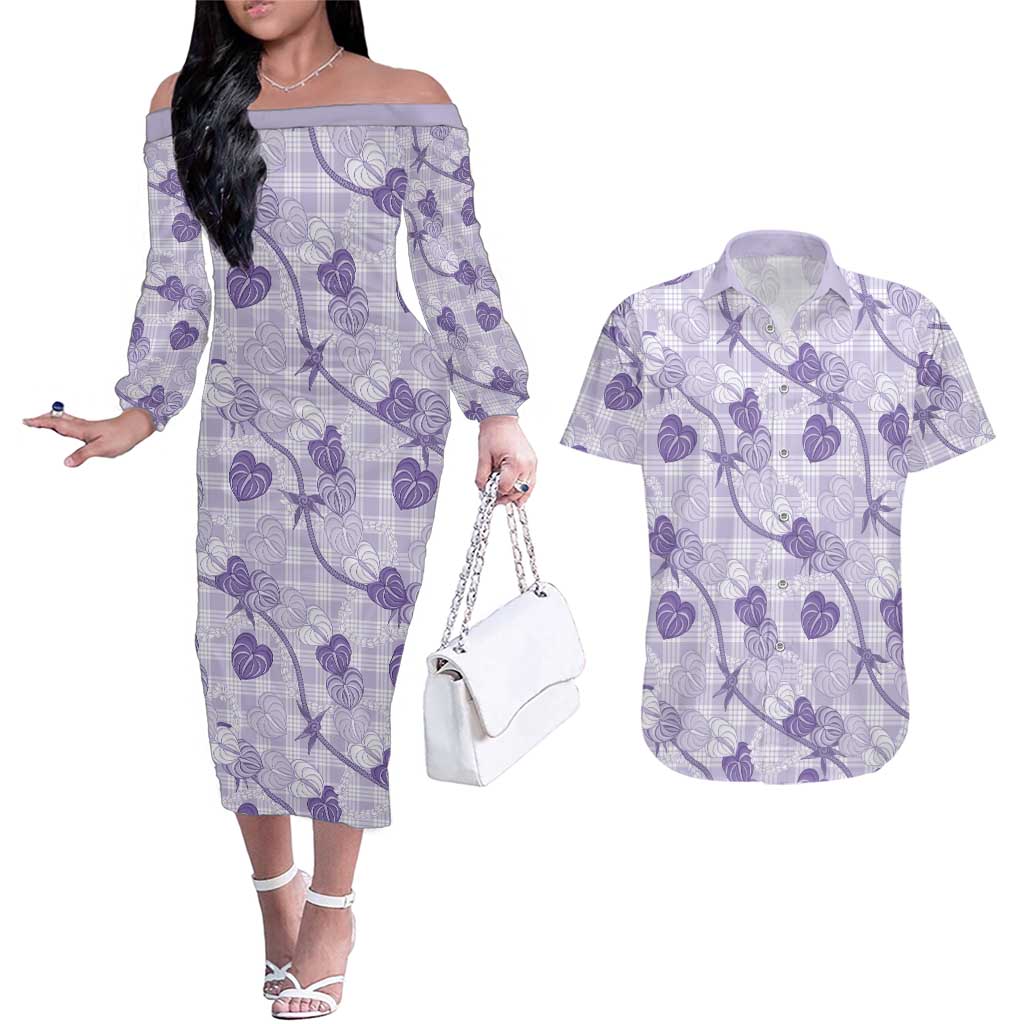 Anthurium Pikake Ti Leaf Palaka Couples Matching Off The Shoulder Long Sleeve Dress and Hawaiian Shirt Purple Version LT01 Purple - Polynesian Pride