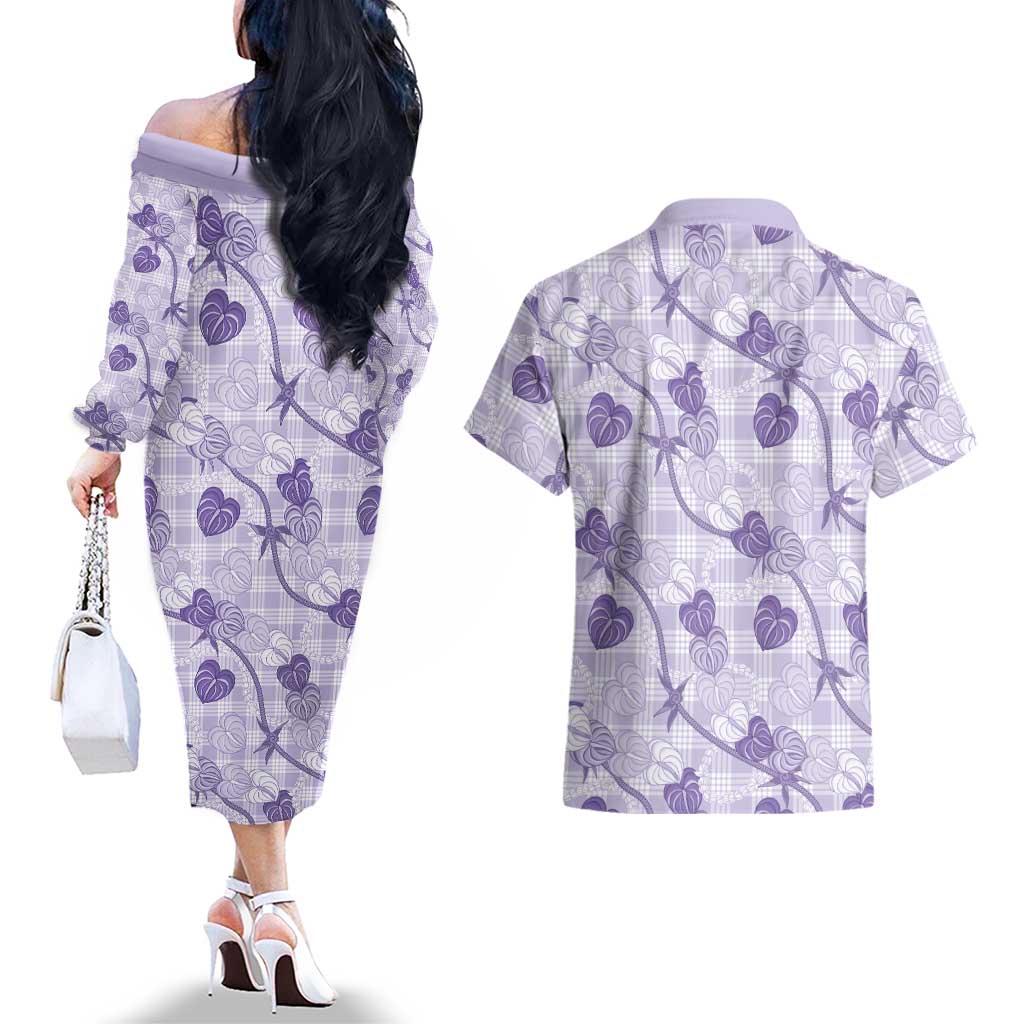 Anthurium Pikake Ti Leaf Palaka Couples Matching Off The Shoulder Long Sleeve Dress and Hawaiian Shirt Purple Version LT01 - Polynesian Pride