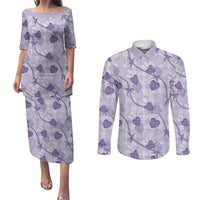 Anthurium Pikake Ti Leaf Palaka Couples Matching Puletasi and Long Sleeve Button Shirt Purple Version
