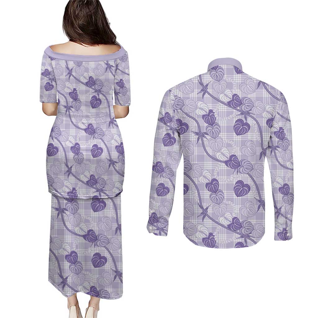 Anthurium Pikake Ti Leaf Palaka Couples Matching Puletasi and Long Sleeve Button Shirt Purple Version