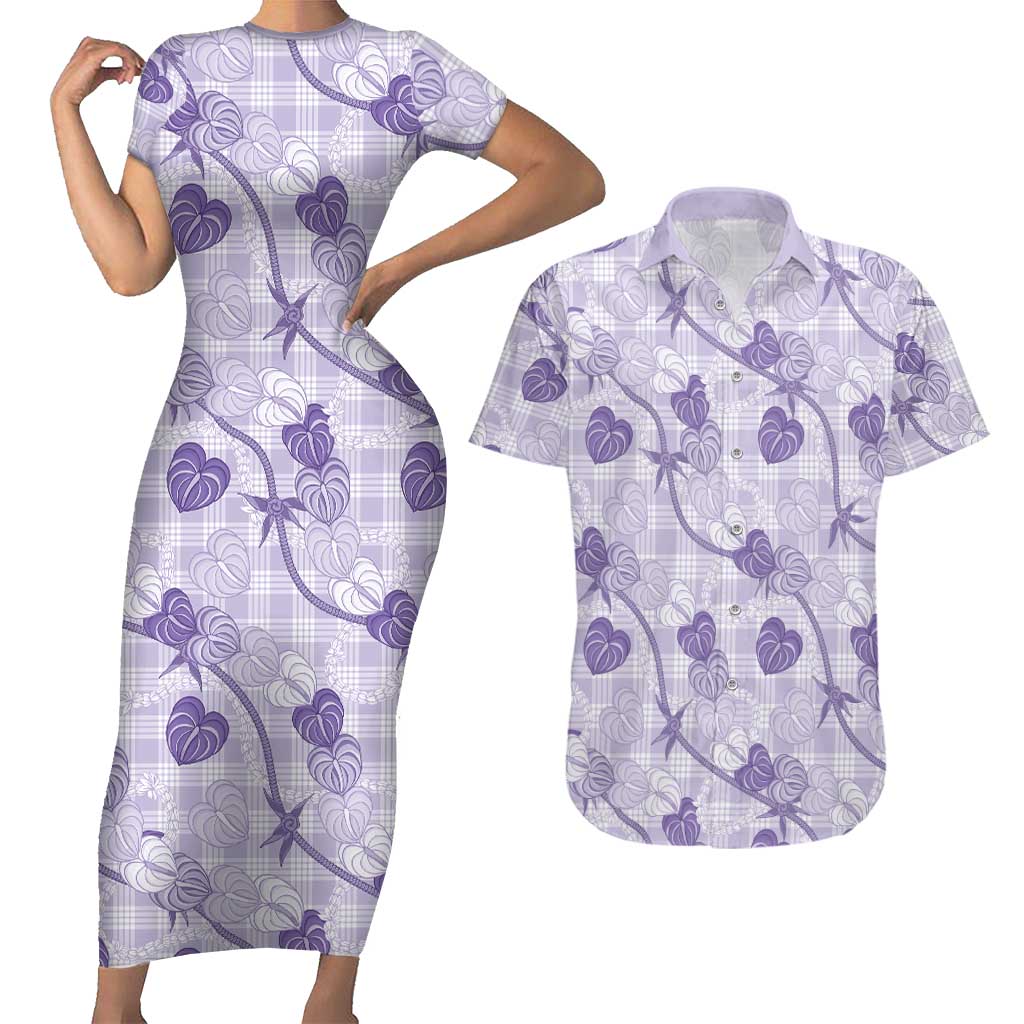 Anthurium Pikake Ti Leaf Palaka Couples Matching Short Sleeve Bodycon Dress and Hawaiian Shirt Purple Version