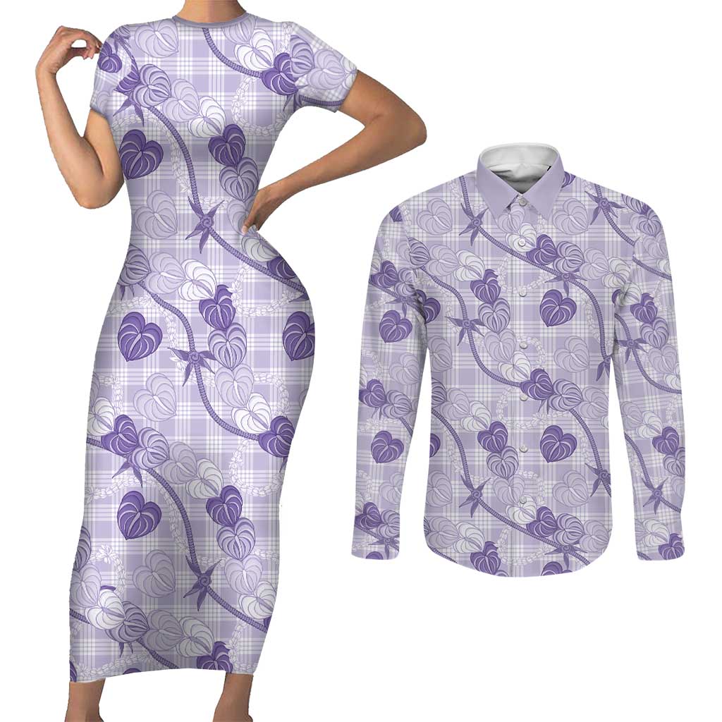 Anthurium Pikake Ti Leaf Palaka Couples Matching Short Sleeve Bodycon Dress and Long Sleeve Button Shirt Purple Version LT01 Purple - Polynesian Pride