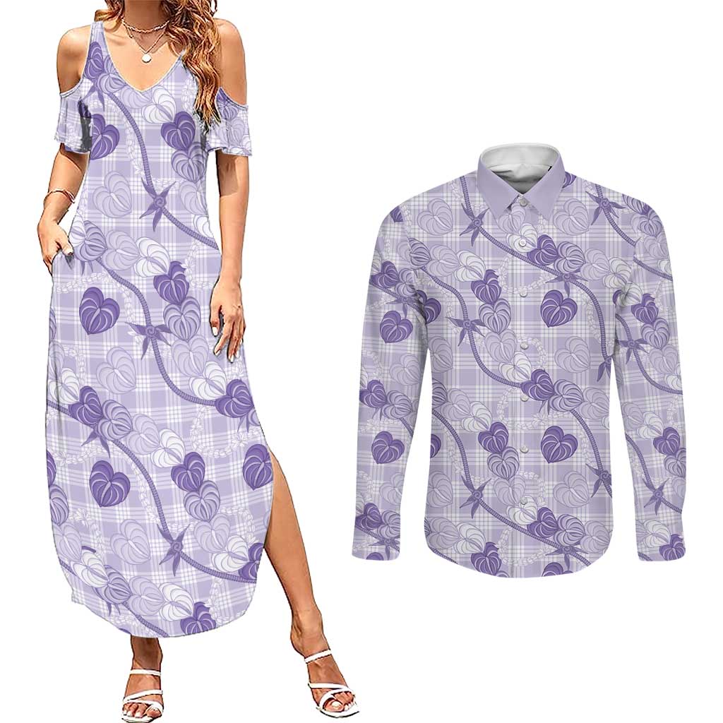 Anthurium Pikake Ti Leaf Palaka Couples Matching Summer Maxi Dress and Long Sleeve Button Shirt Purple Version LT01 Purple - Polynesian Pride