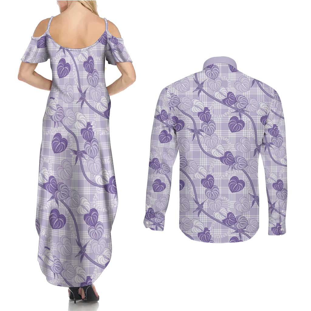 Anthurium Pikake Ti Leaf Palaka Couples Matching Summer Maxi Dress and Long Sleeve Button Shirt Purple Version
