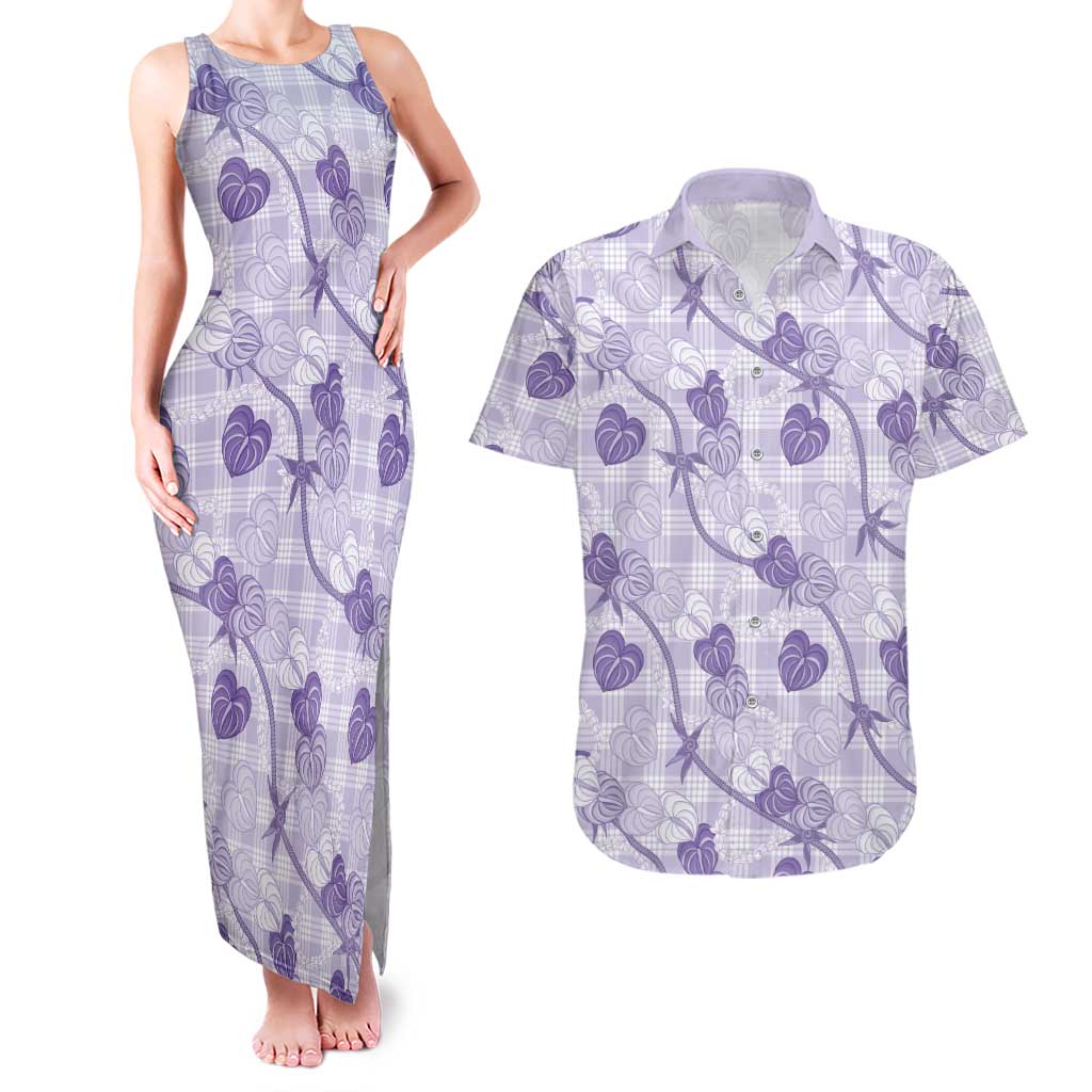 Anthurium Pikake Ti Leaf Palaka Couples Matching Tank Maxi Dress and Hawaiian Shirt Purple Version LT01 Purple - Polynesian Pride