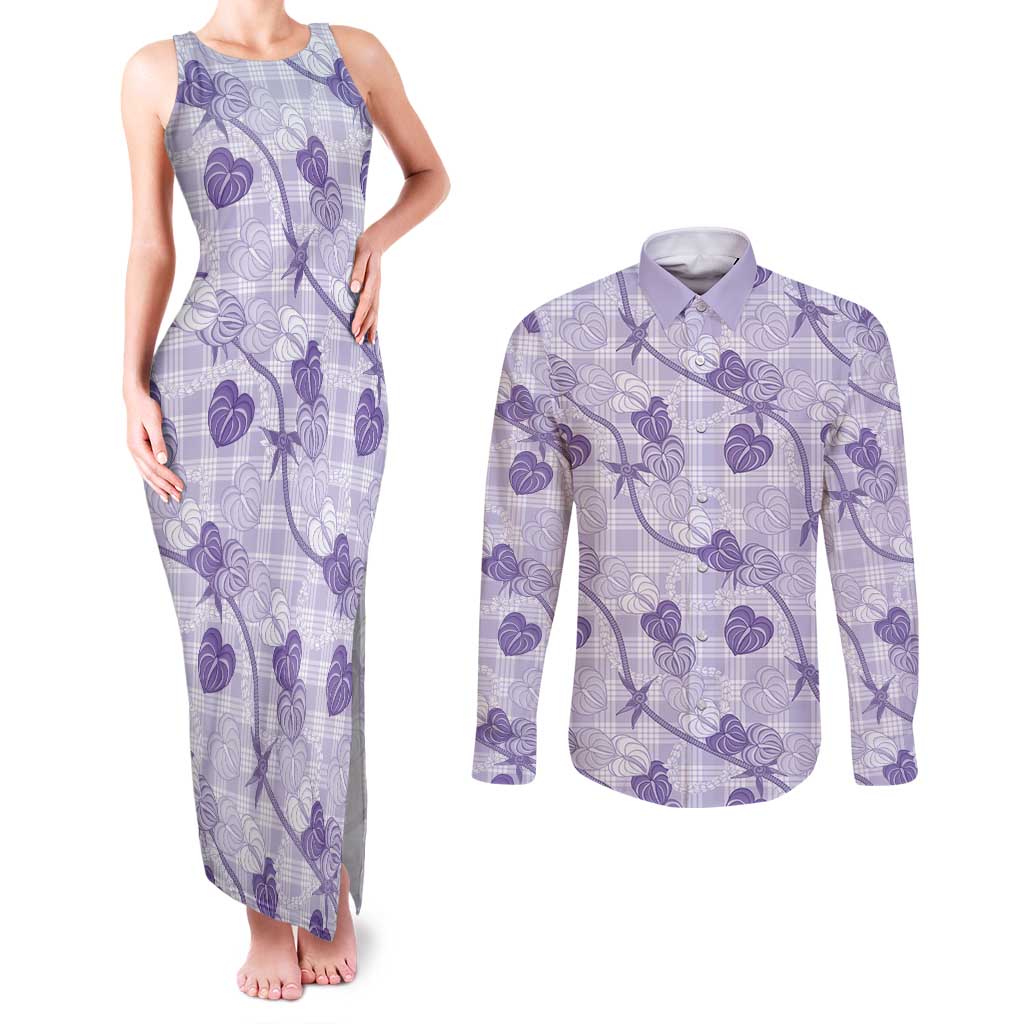 Anthurium Pikake Ti Leaf Palaka Couples Matching Tank Maxi Dress and Long Sleeve Button Shirt Purple Version LT01 Purple - Polynesian Pride