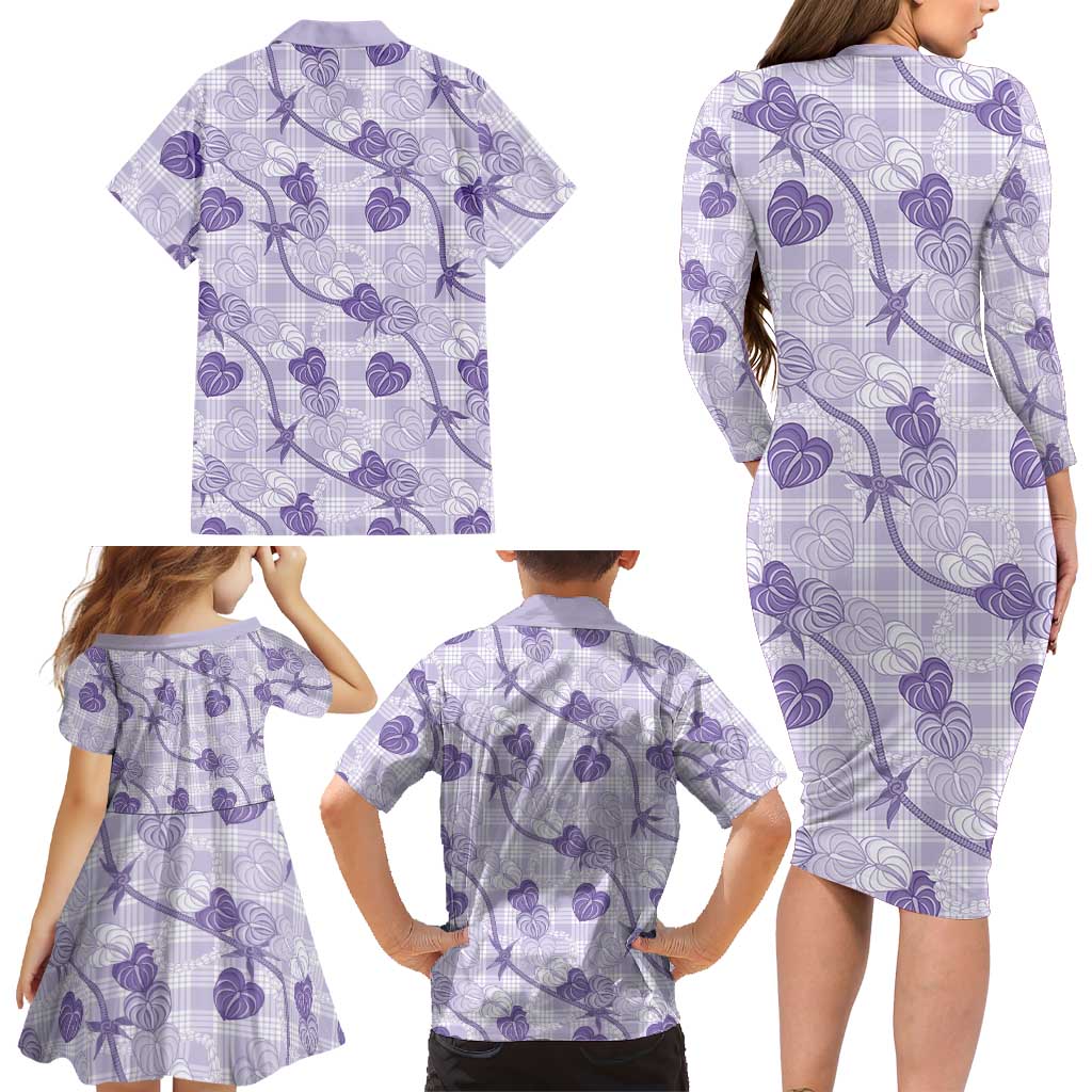 Anthurium Pikake Ti Leaf Palaka Family Matching Long Sleeve Bodycon Dress and Hawaiian Shirt Purple Version LT01 - Polynesian Pride