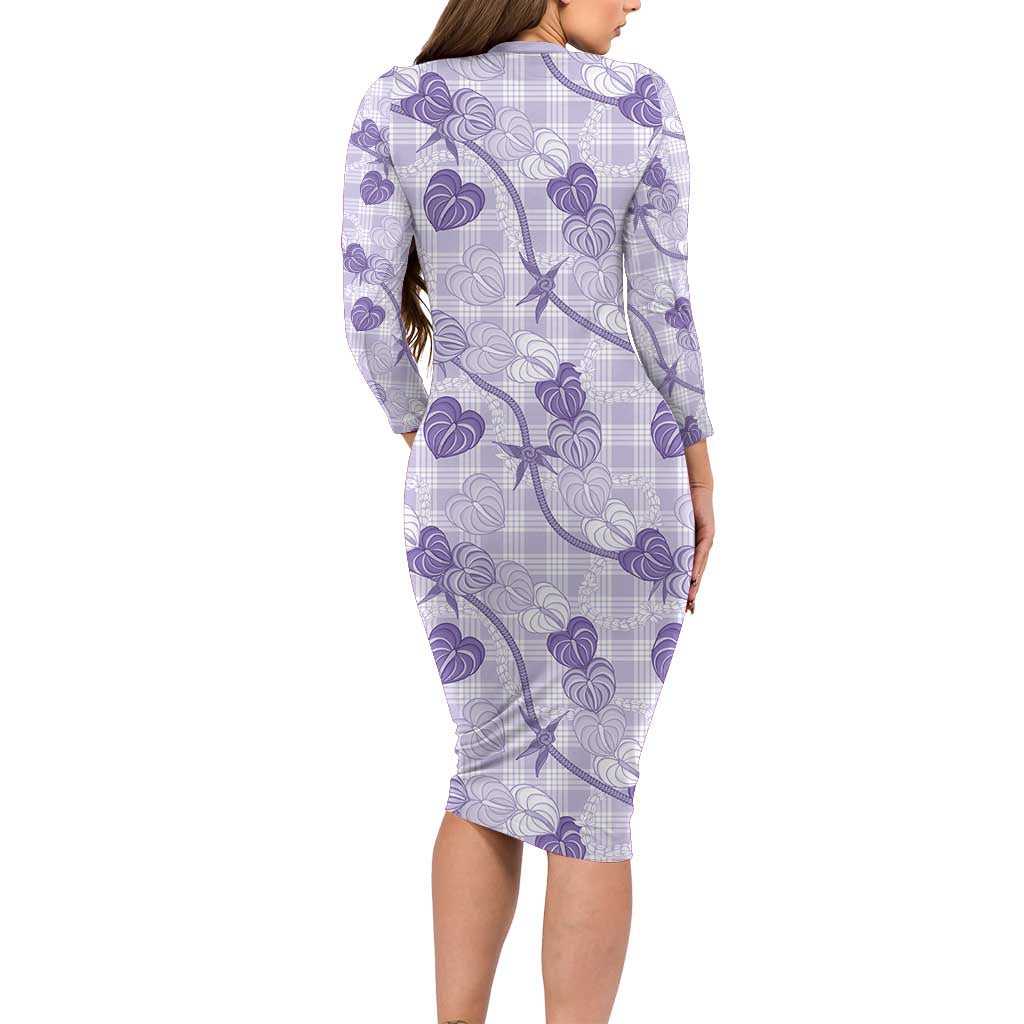Anthurium Pikake Ti Leaf Palaka Family Matching Long Sleeve Bodycon Dress and Hawaiian Shirt Purple Version LT01 - Polynesian Pride