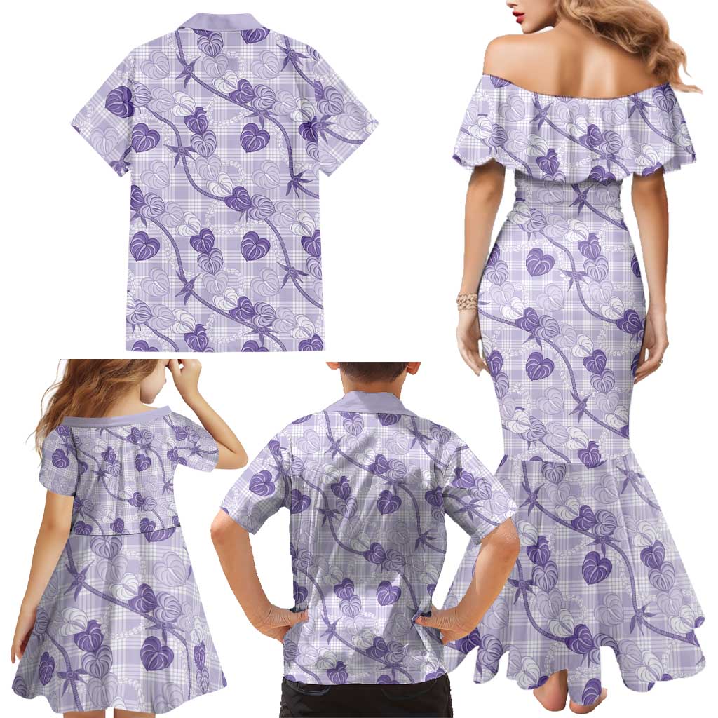 Anthurium Pikake Ti Leaf Palaka Family Matching Mermaid Dress and Hawaiian Shirt Purple Version LT01 - Polynesian Pride