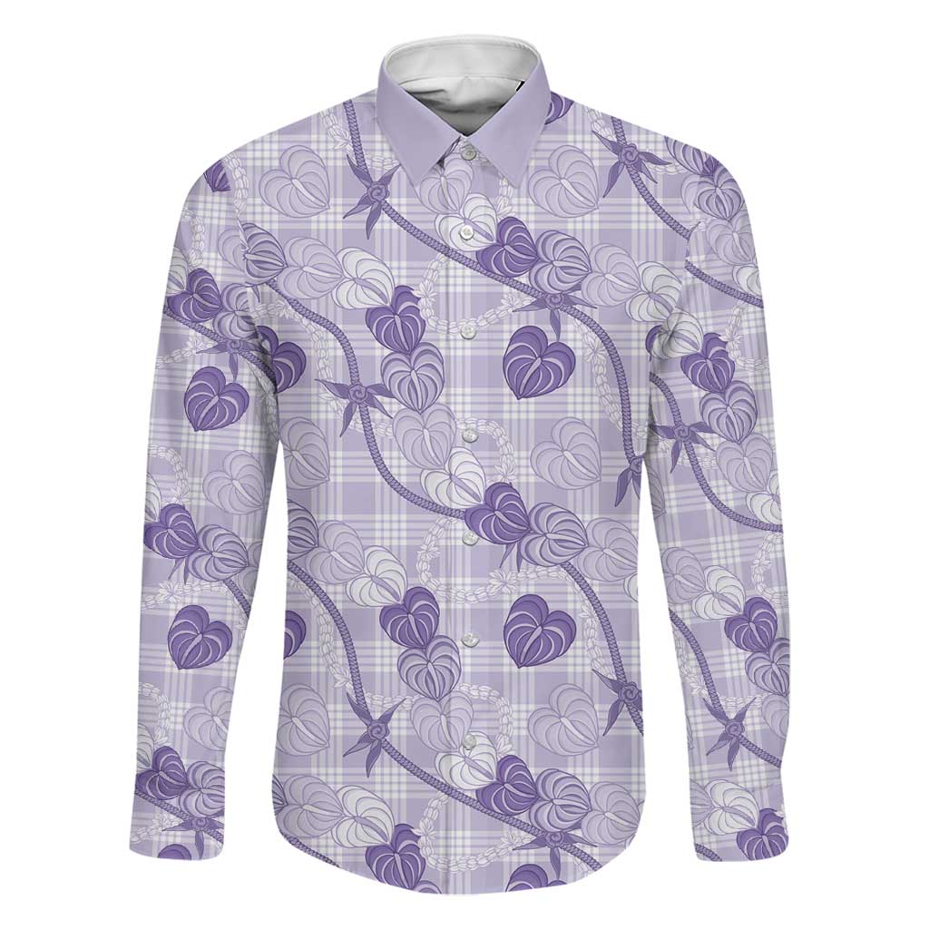 Anthurium Pikake Ti Leaf Palaka Family Matching Mermaid Dress and Hawaiian Shirt Purple Version LT01 Dad's Shirt - Long Sleeve Purple - Polynesian Pride