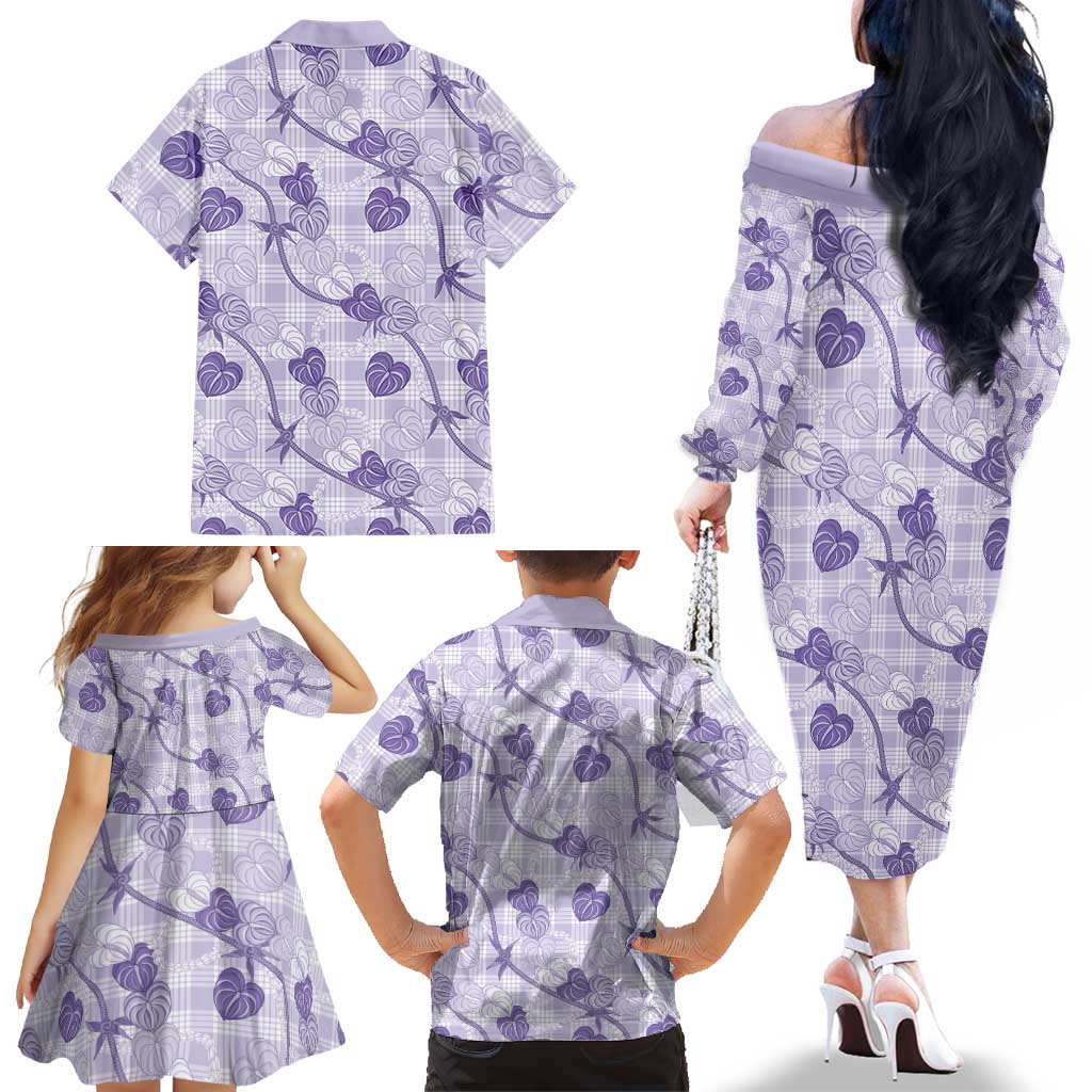 Anthurium Pikake Ti Leaf Palaka Family Matching Off The Shoulder Long Sleeve Dress and Hawaiian Shirt Purple Version LT01 - Polynesian Pride