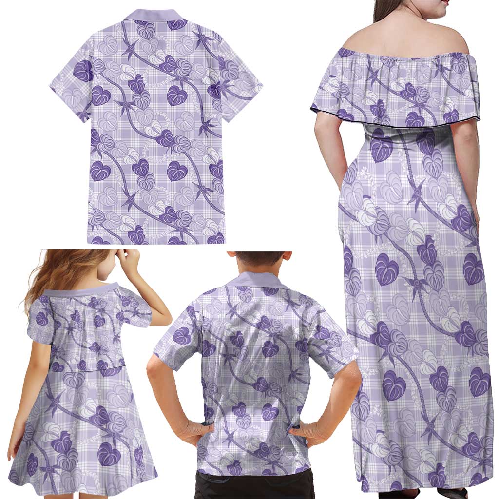 Anthurium Pikake Ti Leaf Palaka Family Matching Off Shoulder Maxi Dress and Hawaiian Shirt Purple Version LT01 - Polynesian Pride