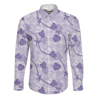 Anthurium Pikake Ti Leaf Palaka Family Matching Off Shoulder Maxi Dress and Hawaiian Shirt Purple Version LT01 Dad's Shirt - Long Sleeve Purple - Polynesian Pride