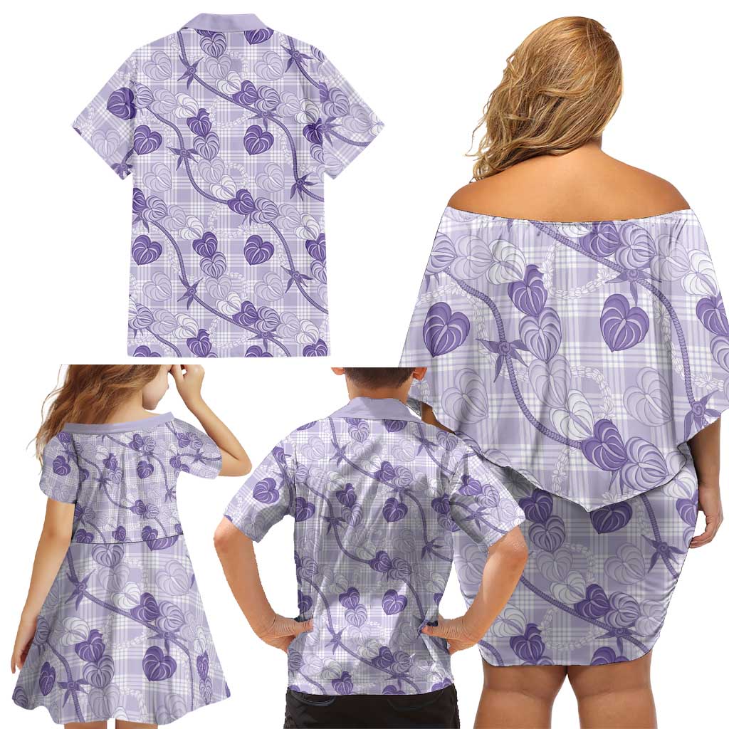 Anthurium Pikake Ti Leaf Palaka Family Matching Off Shoulder Short Dress and Hawaiian Shirt Purple Version LT01 - Polynesian Pride