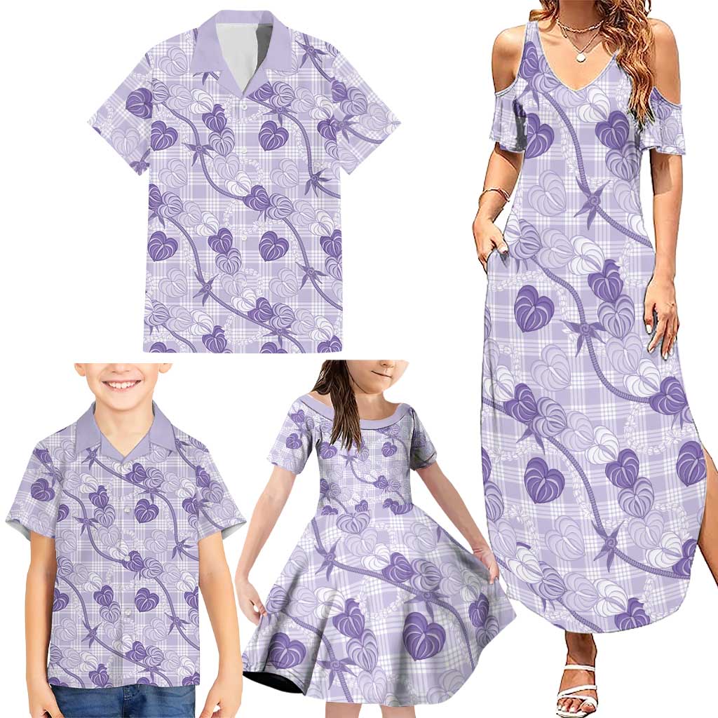 Anthurium Pikake Ti Leaf Palaka Family Matching Summer Maxi Dress and Hawaiian Shirt Purple Version