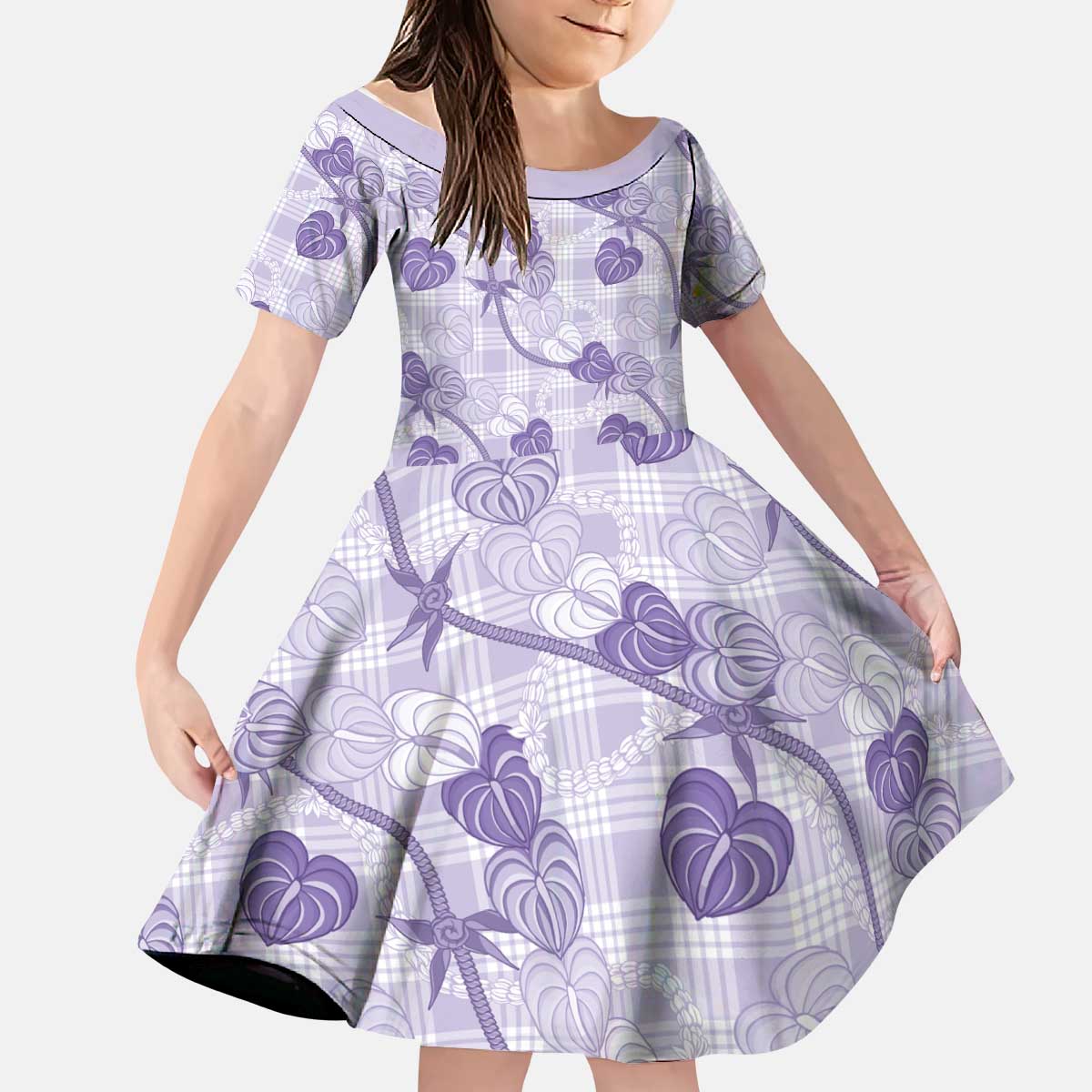 Anthurium Pikake Ti Leaf Palaka Kid Short Sleeve Dress Purple Version