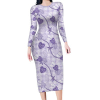 Anthurium Pikake Ti Leaf Palaka Long Sleeve Bodycon Dress Purple Version LT01 Long Dress Purple - Polynesian Pride