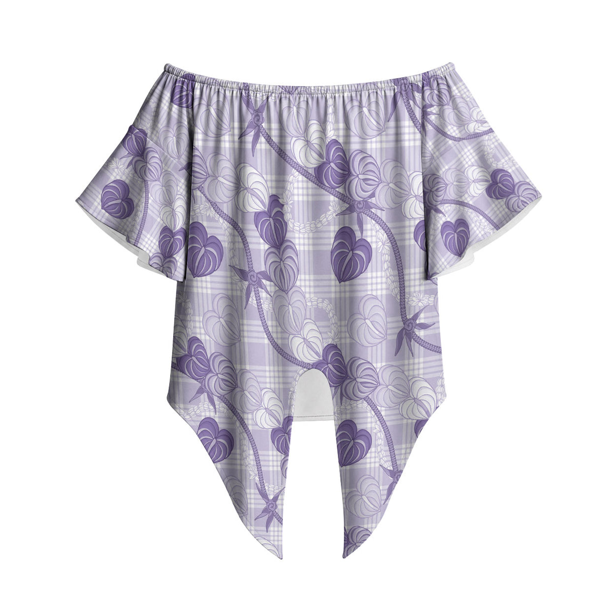 Anthurium Pikake Ti Leaf Palaka Off Shoulder Wrap Waist Top Purple Version LT01 Purple - Polynesian Pride