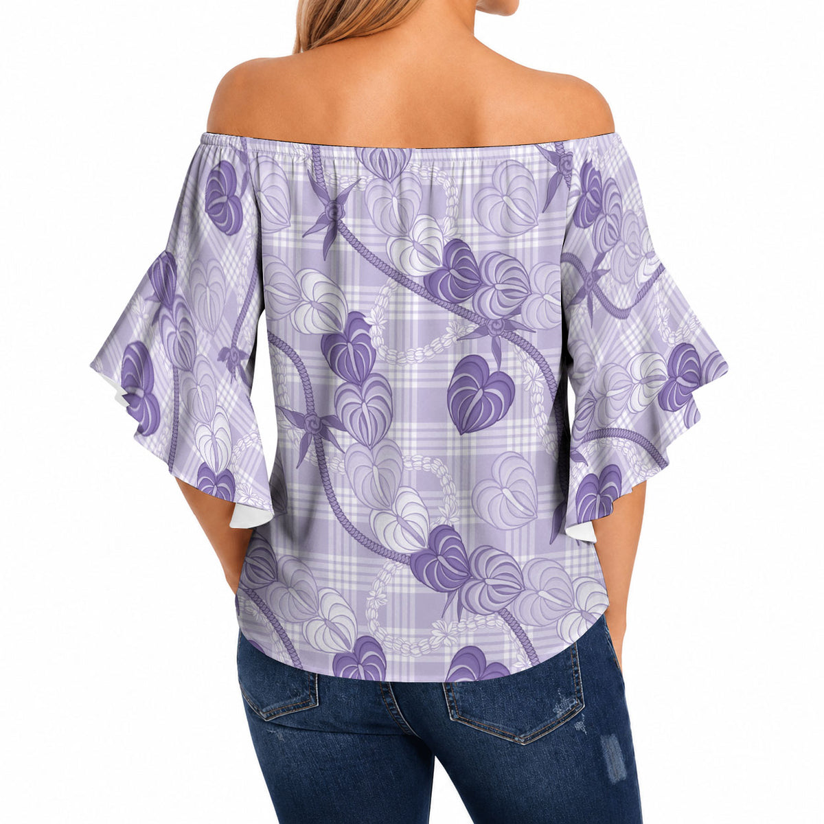 Anthurium Pikake Ti Leaf Palaka Off Shoulder Wrap Waist Top Purple Version LT01 - Polynesian Pride