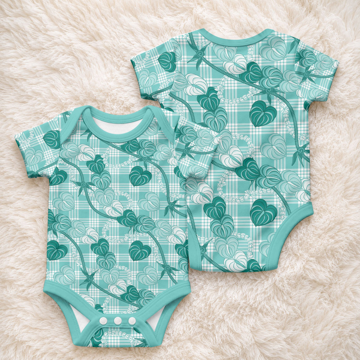 Anthurium Pikake Ti Leaf Palaka Baby Onesie Turquoise Version LT01 - Polynesian Pride
