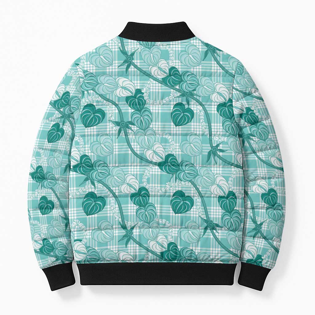 Anthurium Pikake Ti Leaf Palaka Bomber Puffer Jacket Turquoise Version