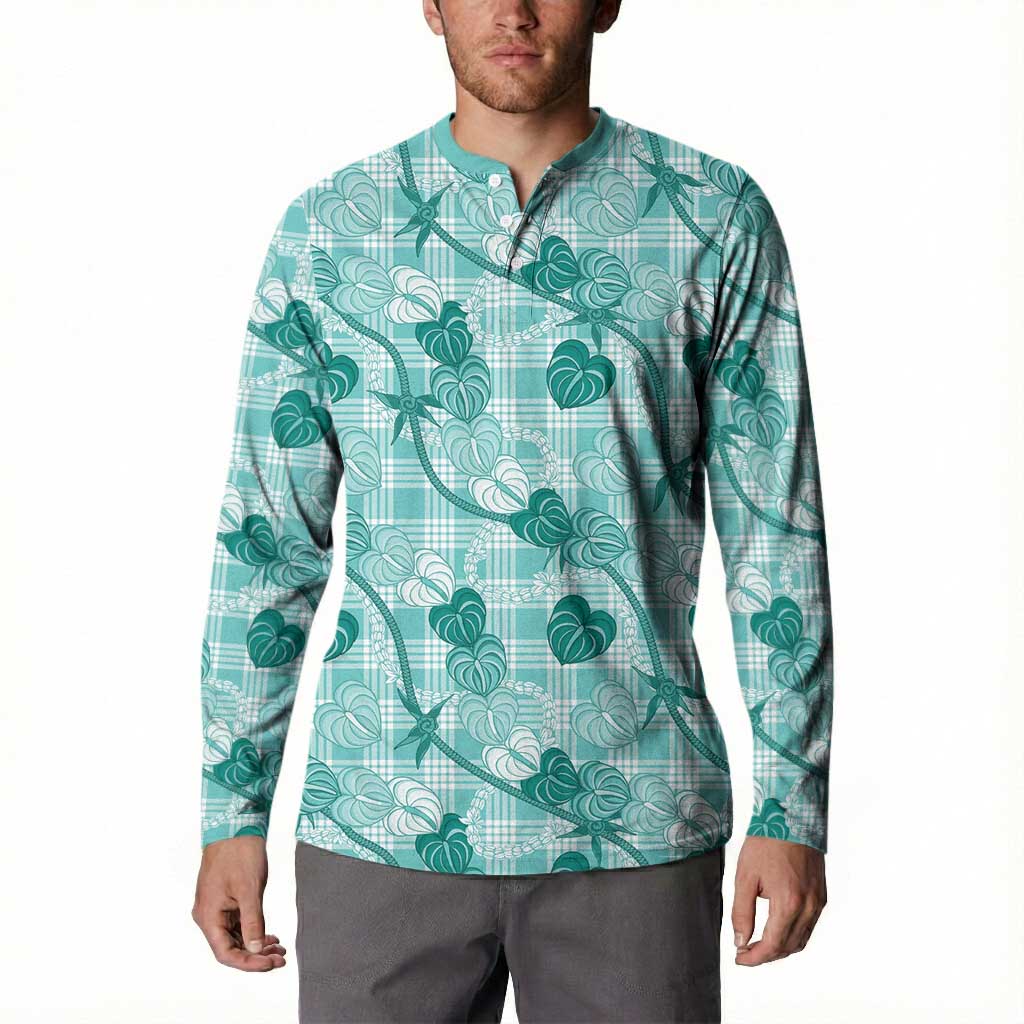 Anthurium Pikake Ti Leaf Palaka Button Sweatshirt Turquoise Version